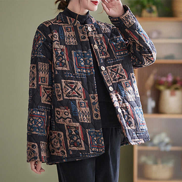 Buddha Stones Winter Square Plaid Warme Langarm-Baumwolljacke mit Taschen