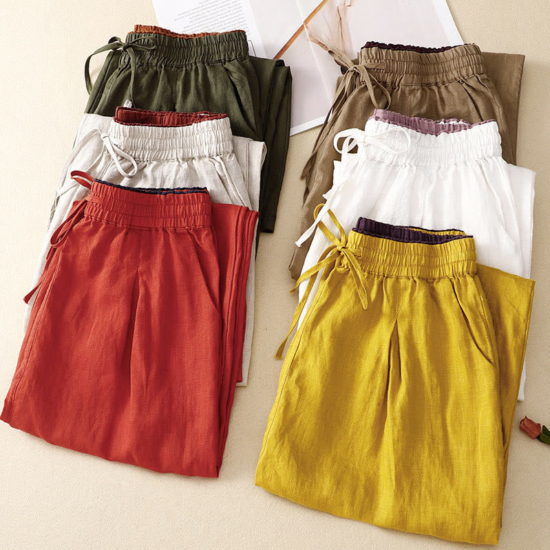 Buddha Stones Vintage Haremshose aus Baumwollleinen mit hoher Taille und Schnürung und Taschen - image 1