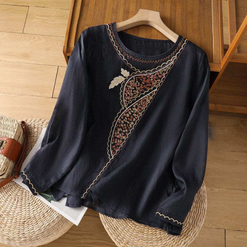 Pullover mit Buddha Stones und ethnischer Stickerei, Rundhalsausschnitt, Baumwolle und Leinen - Mitternachtsblau - US8-10， UK/AU12-14，EU40-42 (2XL) - image 4