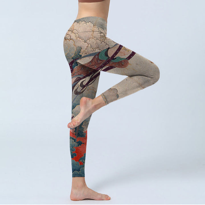 Buddha Stones Dunhuang Fliegende Apsaras Glückverheißende Wolken Print Fitness Leggings Damen Yogahose