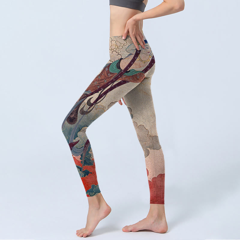 Buddha Stones Dunhuang Fliegende Apsaras Glückverheißende Wolken Print Fitness Leggings Damen Yogahose