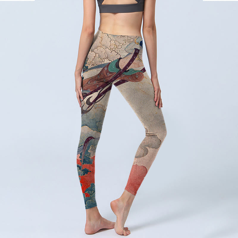 Buddha Stones Dunhuang Fliegende Apsaras Glückverheißende Wolken Print Fitness Leggings Damen Yogahose