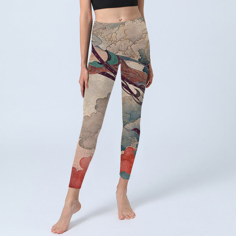 Buddha Stones Dunhuang Fliegende Apsaras Glückverheißende Wolken Print Fitness Leggings Damen Yogahose