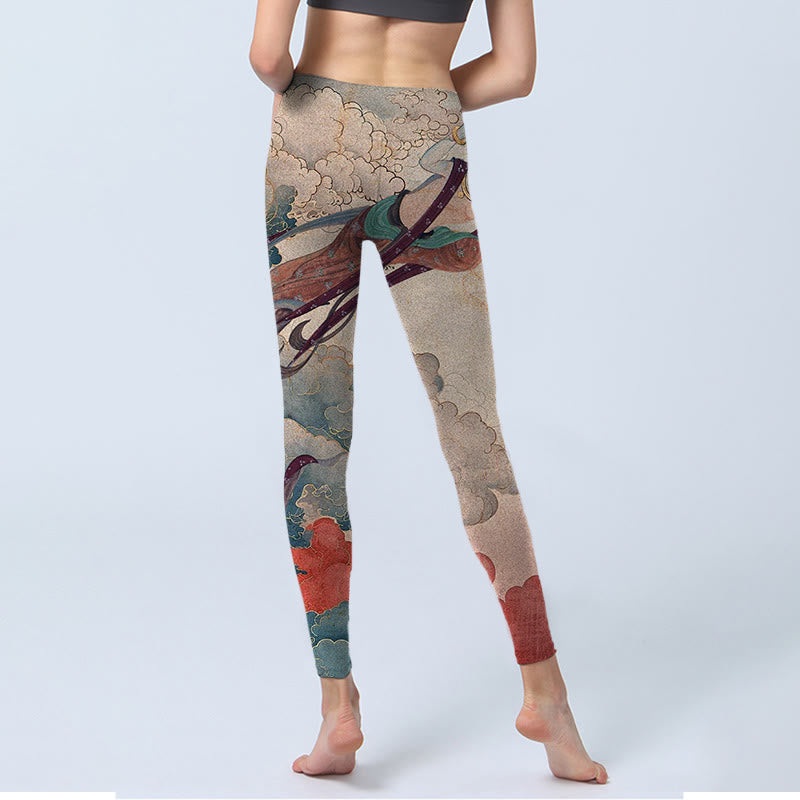 Buddha Stones Dunhuang Fliegende Apsaras Glückverheißende Wolken Print Fitness Leggings Damen Yogahose