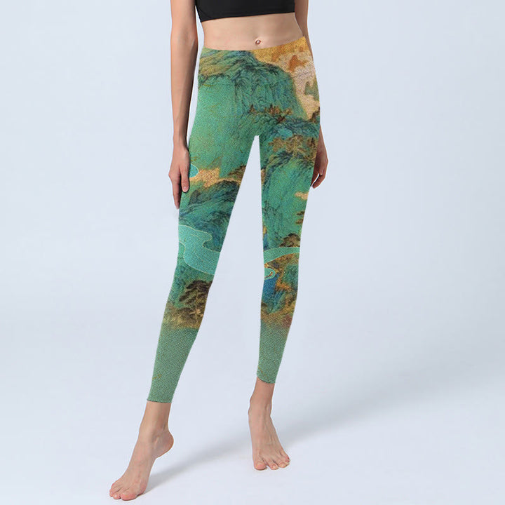 Buddha Stones ​​im chinesischen Stil, grüne Berge, Landschaftsdruck, Lycra-Stoff, Fitness-Leggings für Damen, Yoga-Hose - image 5