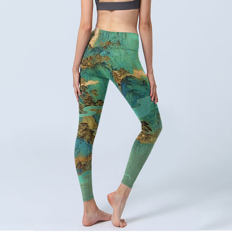 Buddha Stones ​​im chinesischen Stil, grüne Berge, Landschaftsdruck, Lycra-Stoff, Fitness-Leggings für Damen, Yoga-Hose - image 3