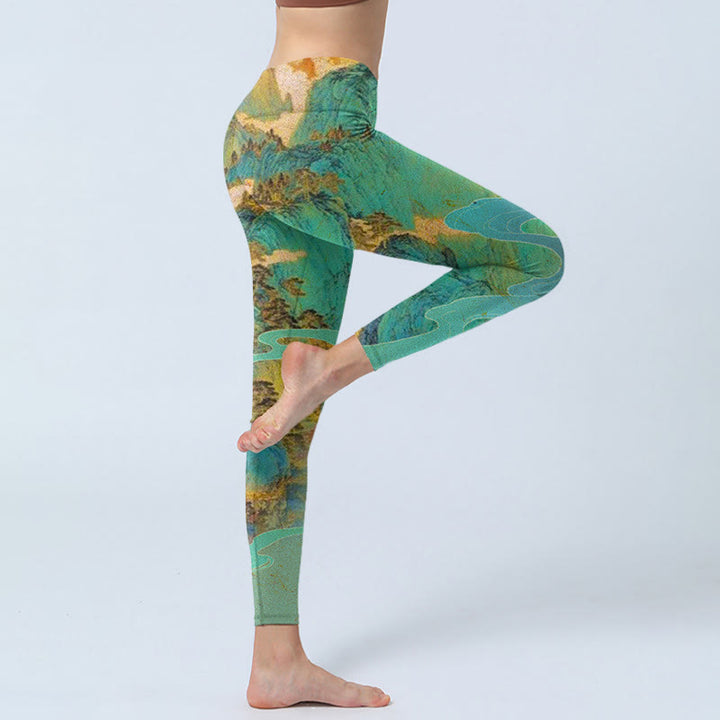 Buddha Stones im chinesischen Stil, grüne Berge, Landschaftsdruck, Lycra-Stoff, Fitness-Leggings für Damen, Yoga-Hose