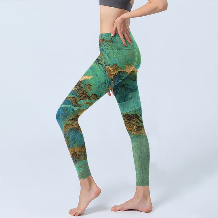 Buddha Stones im chinesischen Stil, grüne Berge, Landschaftsdruck, Lycra-Stoff, Fitness-Leggings für Damen, Yoga-Hose