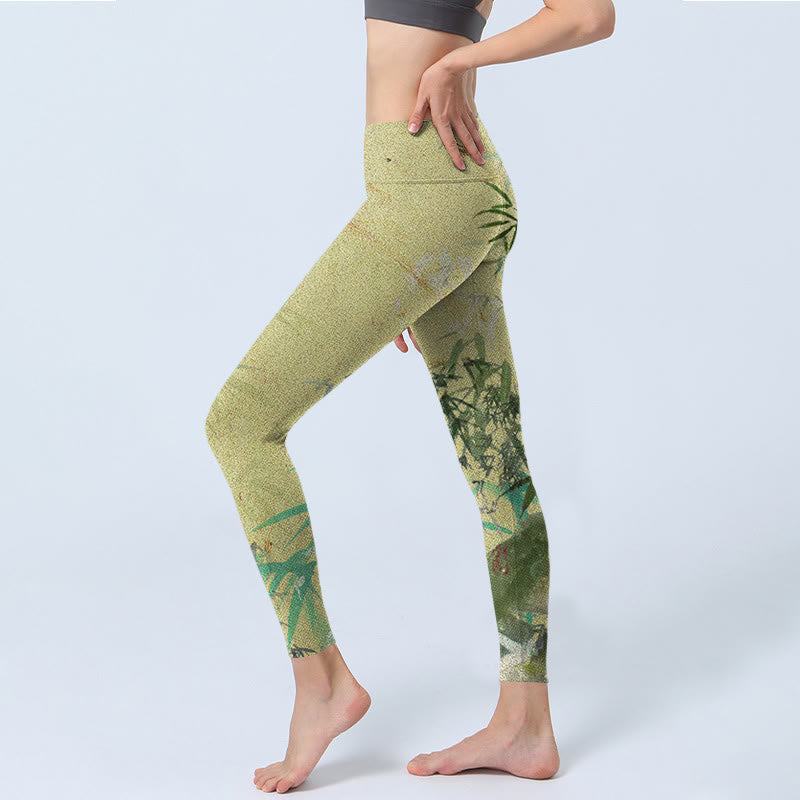 Buddha Stones Bambus Print Lycra Stoff Fitness Leggings Damen Yoga Hose