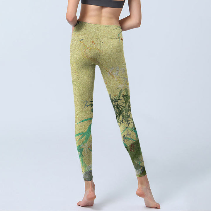 Buddha Stones Bambus Print Lycra Stoff Fitness Leggings Damen Yoga Hose