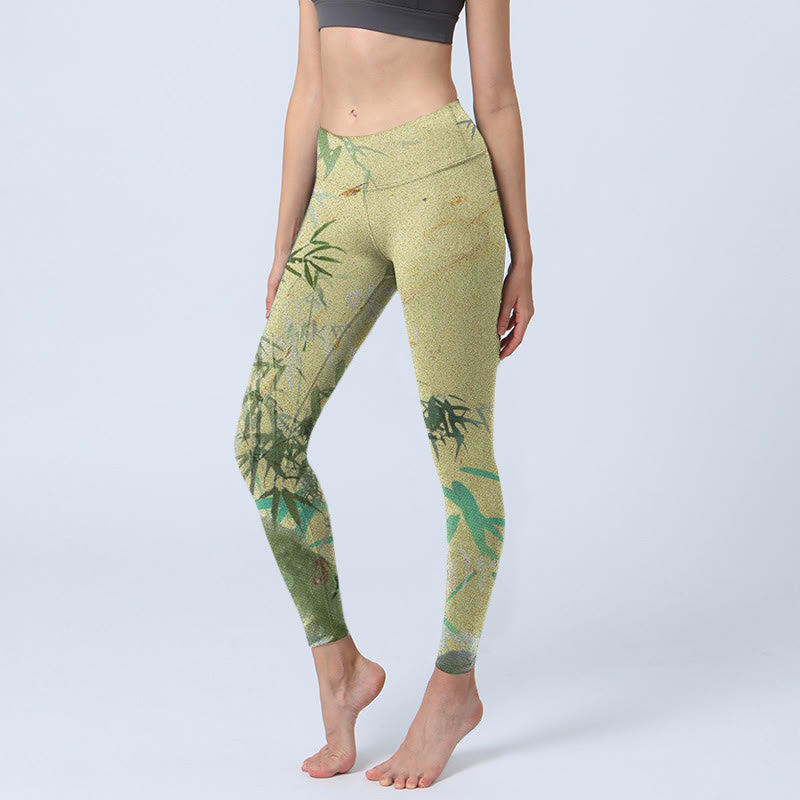 Buddha Stones Bambus Print Lycra Stoff Fitness Leggings Damen Yoga Hose - Blasse Goldrute - US18， UK/AU22，EU50 (4XL) - image 1