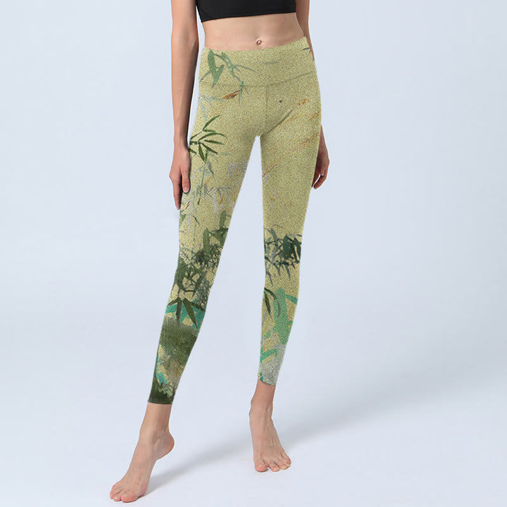 Buddha Stones Bambus Print Lycra Stoff Fitness Leggings Damen Yoga Hose