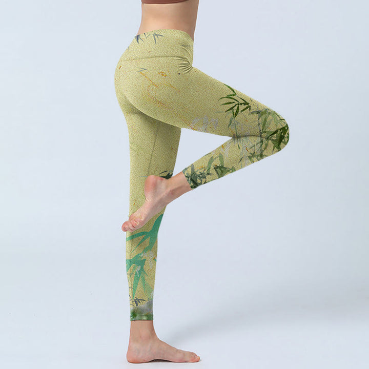 Buddha Stones Bambus Print Lycra Stoff Fitness Leggings Damen Yoga Hose