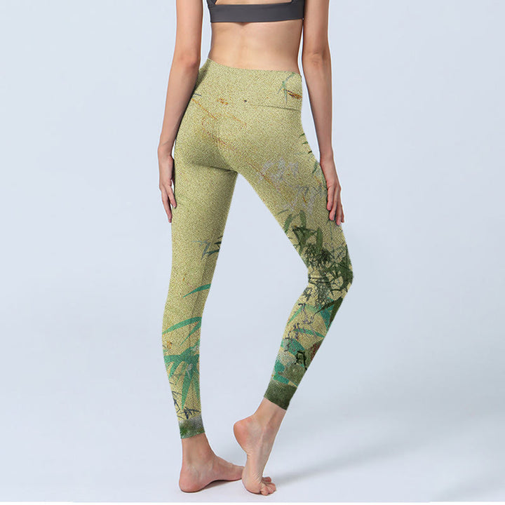 Buddha Stones Bambus Print Lycra Stoff Fitness Leggings Damen Yoga Hose