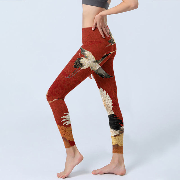 Buddha Stones Crane Print Lycra Stoff Fitness Leggings Damen Yogahose