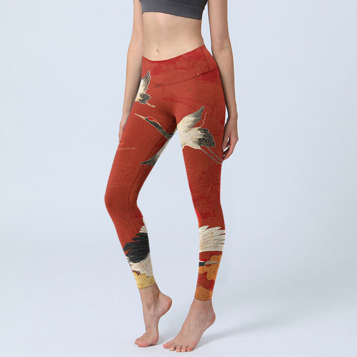 Buddha Stones Crane Print Lycra Stoff Fitness Leggings Damen Yogahose - Purpurrot - US18, UK/AU22, EU50 (4XL) - image 0