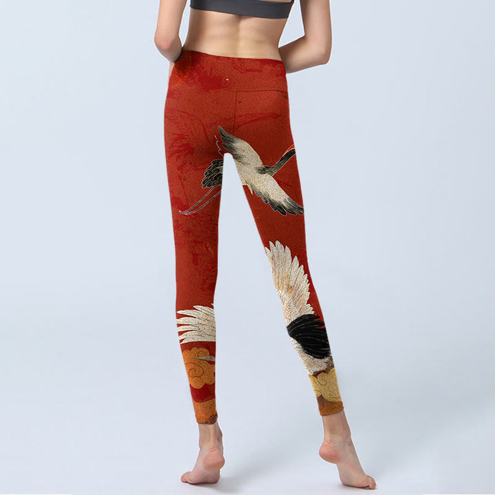 Buddha Stones Crane Print Lycra Stoff Fitness Leggings Damen Yogahose