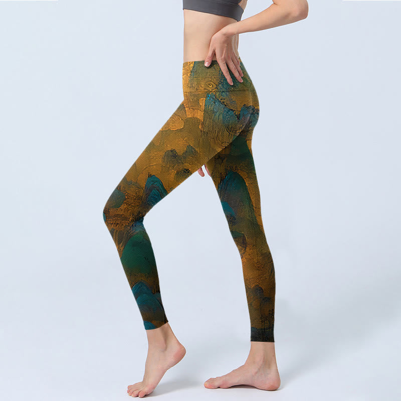 Buddha Stones Dark Goldenrod Mountain Print Fitness Leggings Damen Yogahose