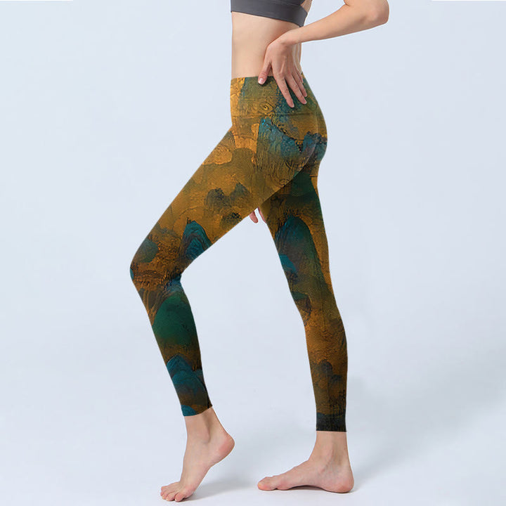 Buddha Stones Dark Goldenrod Mountain Print Fitness Leggings Damen Yogahose - image 2