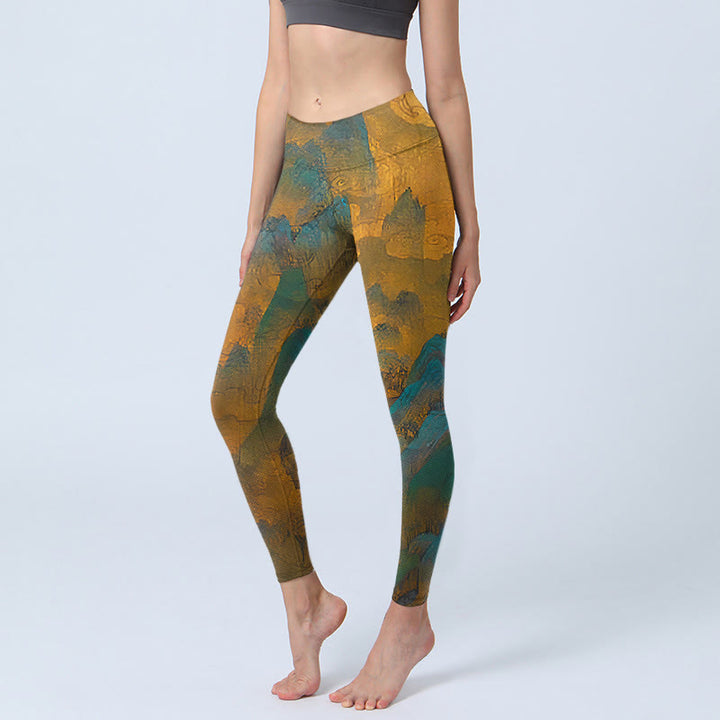 Buddha Stones Dark Goldenrod Mountain Print Fitness Leggings Damen Yogahose