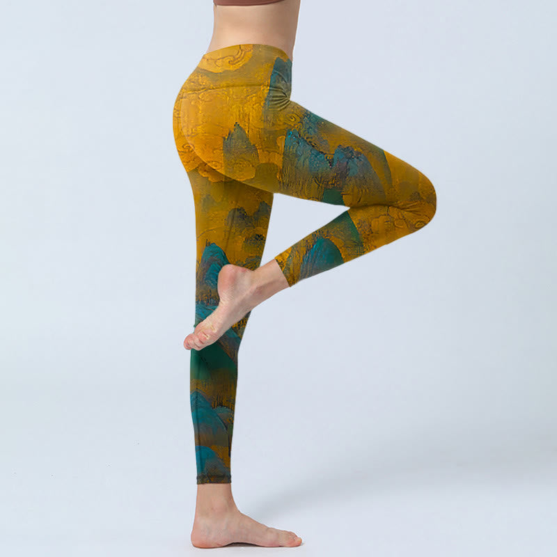 Buddha Stones Dark Goldenrod Mountain Print Fitness Leggings Damen Yogahose