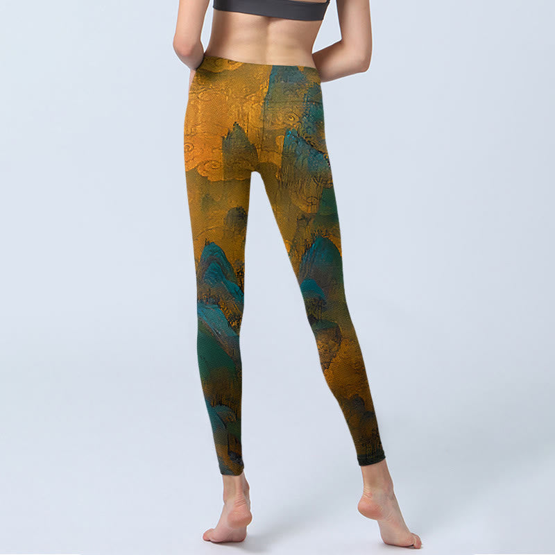 Buddha Stones Dark Goldenrod Mountain Print Fitness Leggings Damen Yogahose