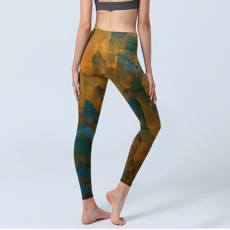 Buddha Stones Dark Goldenrod Mountain Print Fitness Leggings Damen Yogahose