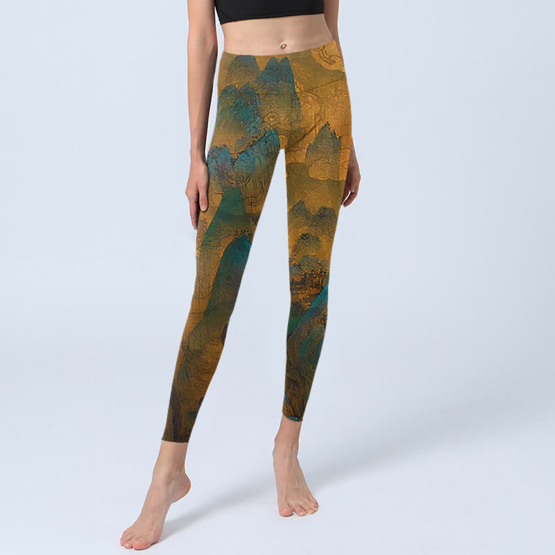 Buddha Stones Dark Goldenrod Mountain Print Fitness Leggings Damen Yogahose