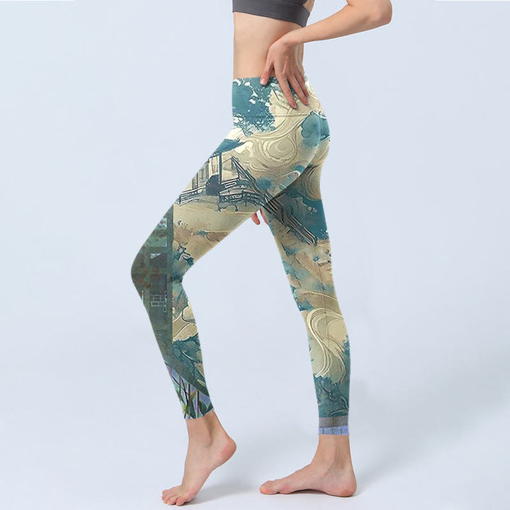 Buddha Stones Chinesische Architektur Dark Sea Green Print Fitness Leggings Damen Yoga Hose