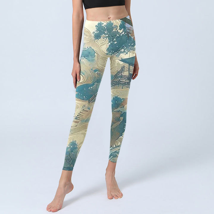 Buddha Stones Chinesische Architektur Dark Sea Green Print Fitness Leggings Damen Yoga Hose