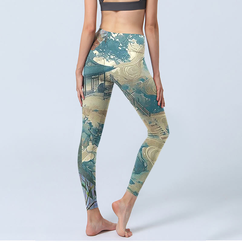 Buddha Stones ​​Chinesische Architektur Dark Sea Green Print Fitness Leggings Damen Yoga Hose - image 4