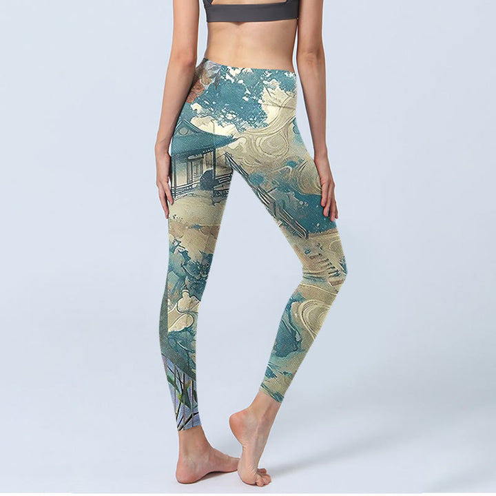 Buddha Stones Chinesische Architektur Dark Sea Green Print Fitness Leggings Damen Yoga Hose