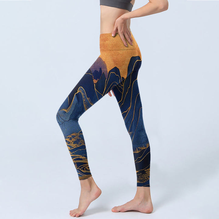 Buddha Stones Dunkelblau Berg Sonnenuntergang Druck Fitness Leggings Damen Yoga Hose