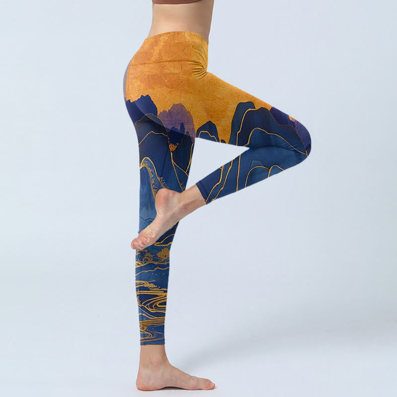 Buddha Stones Dunkelblau Berg Sonnenuntergang Druck Fitness Leggings Damen Yoga Hose