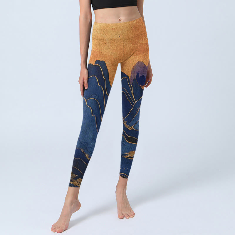 Buddha Stones Dunkelblau Berg Sonnenuntergang Druck Fitness Leggings Damen Yoga Hose - image 6