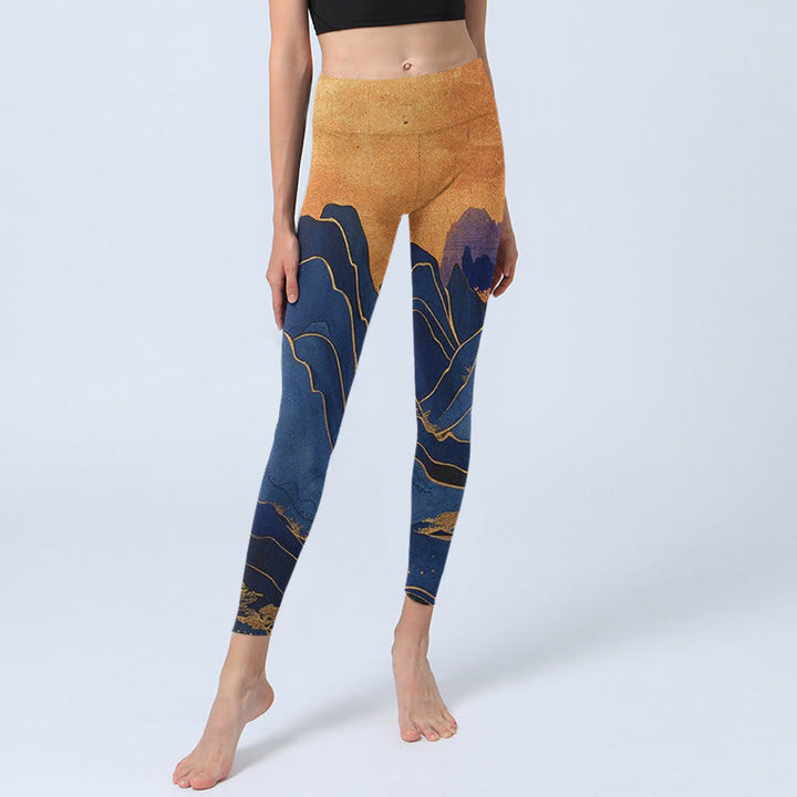 Buddha Stones Dunkelblau Berg Sonnenuntergang Druck Fitness Leggings Damen Yoga Hose - image 6