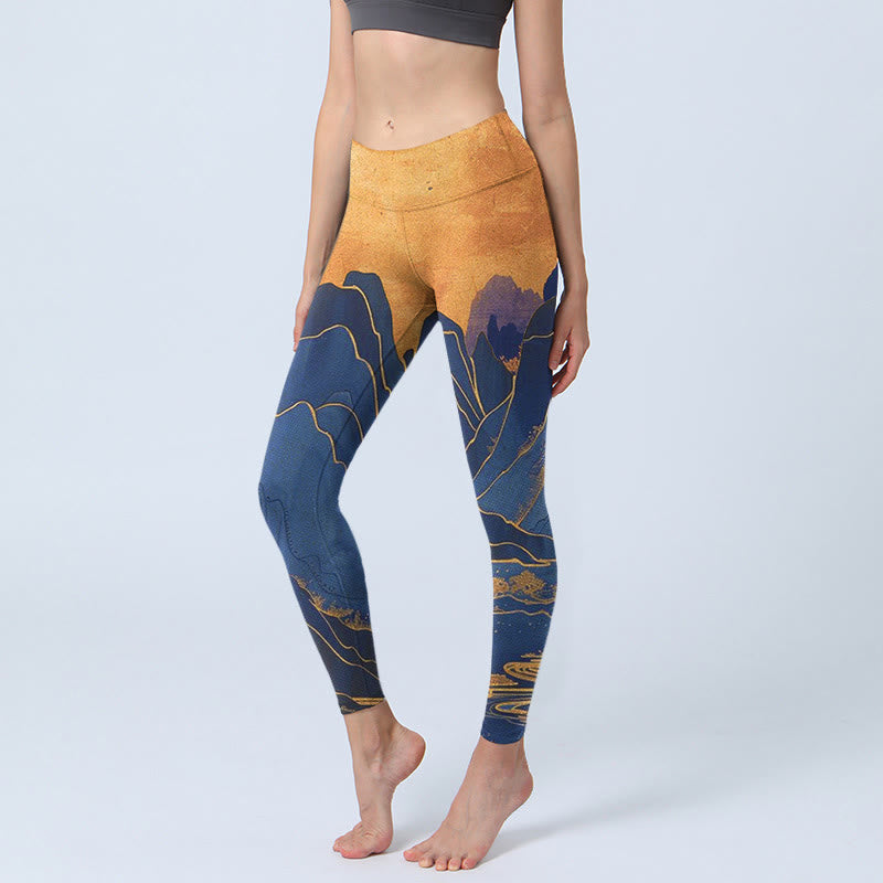 Buddha Stones Dunkelblau Berg Sonnenuntergang Druck Fitness Leggings Damen Yoga Hose - Mitternachtsblau - US18, UK/AU22, EU50 (4XL) - image 0