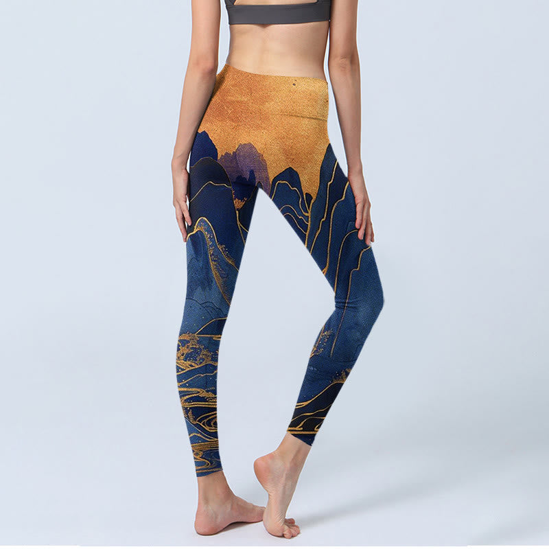 Buddha Stones Dunkelblau Berg Sonnenuntergang Druck Fitness Leggings Damen Yoga Hose - image 3