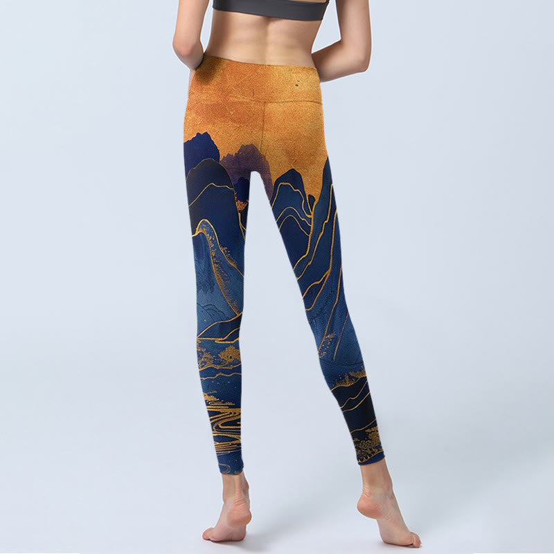 Buddha Stones Dunkelblau Berg Sonnenuntergang Druck Fitness Leggings Damen Yoga Hose