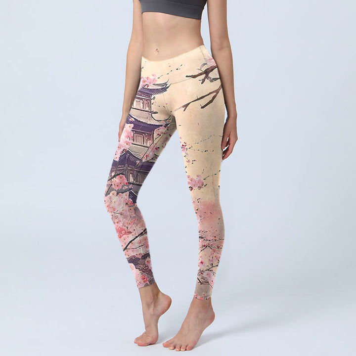 Buddha Stones Rosa Sakura Antike Gebäude Druck Fitness Leggings frauen Yoga Hosen