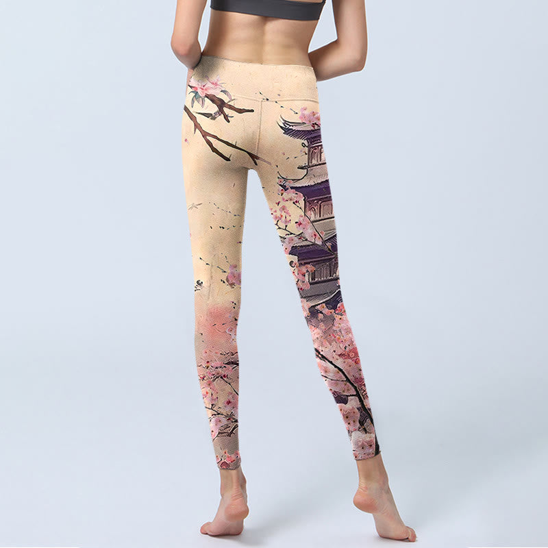 Buddha Stones Rosa Sakura Antike Gebäude Druck Fitness Leggings frauen Yoga Hosen