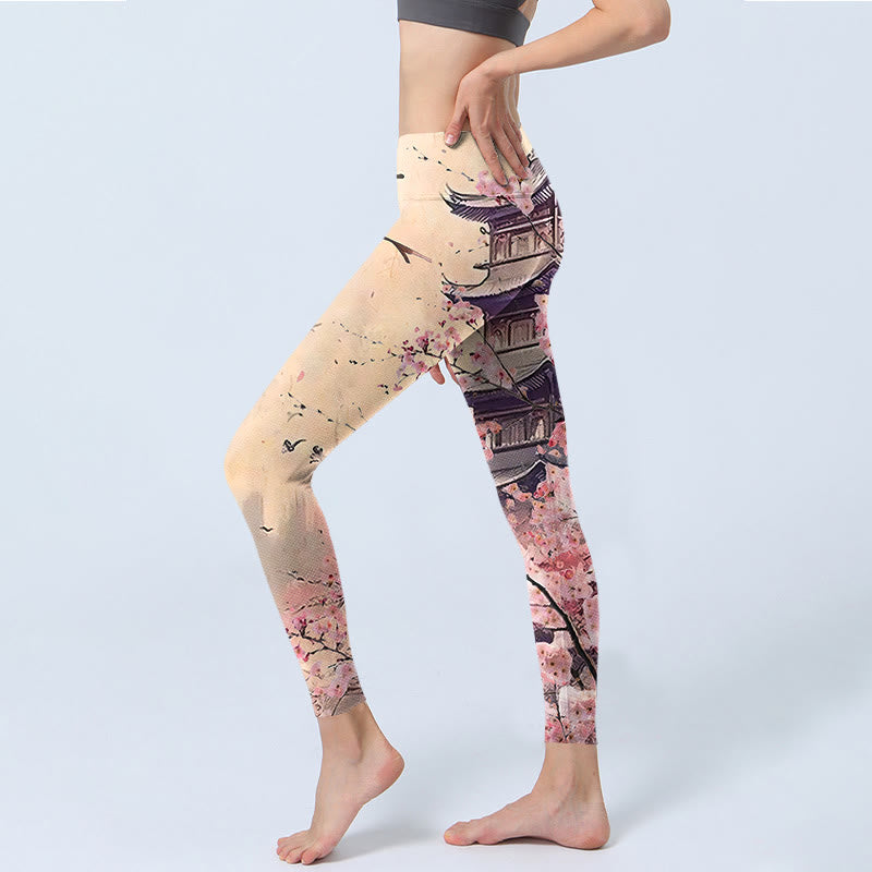 Buddha Stones Rosa Sakura Antike Gebäude Druck Fitness Leggings frauen Yoga Hosen