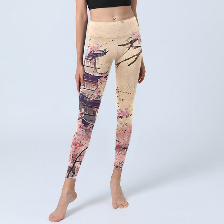 Buddha Stones Rosa Sakura Antike Gebäude Druck Fitness Leggings frauen Yoga Hosen