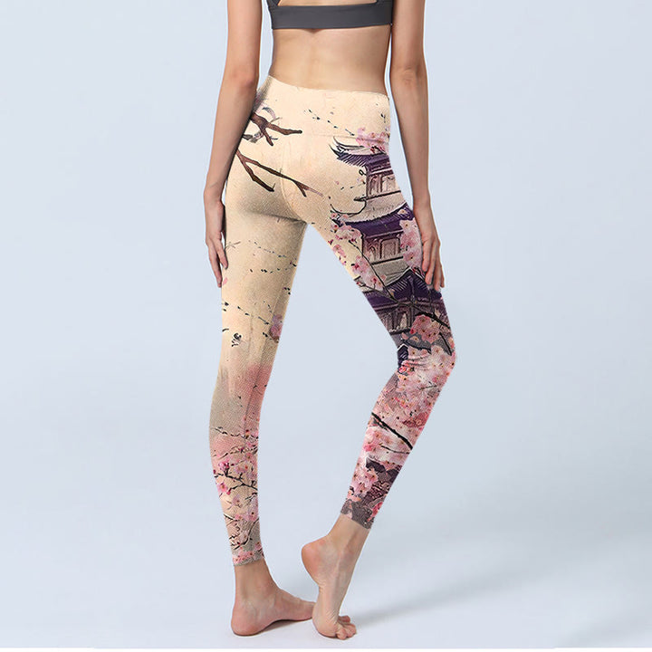 Buddha Stones Rosa Sakura Antike Gebäude Druck Fitness Leggings frauen Yoga Hosen