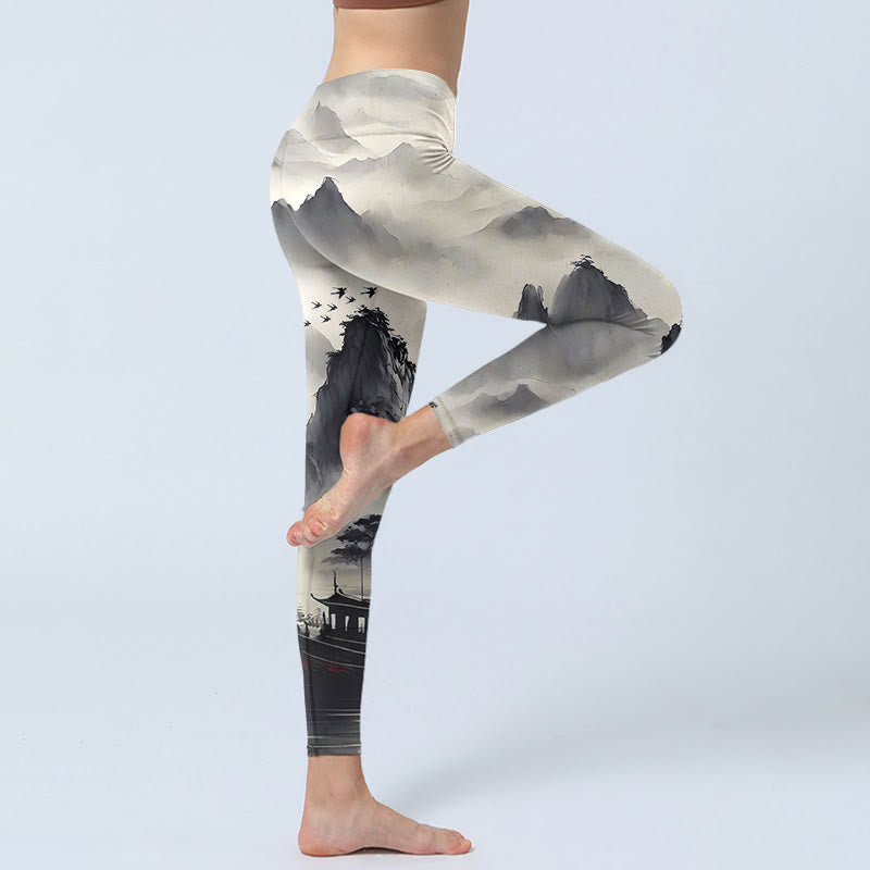 Buddha Stones Splash-Tinte Landschaftsmalerei Print Fitness Leggings Damen Yogahose