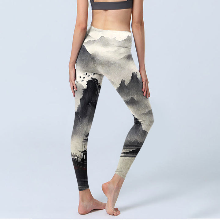 Buddha Stones Splash-Tinte Landschaftsmalerei Print Fitness Leggings Damen Yogahose