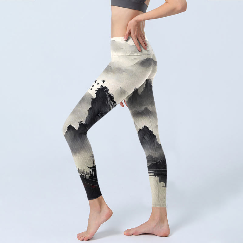 Buddha Stones Splash-Tinte Landschaftsmalerei Print Fitness Leggings Damen Yogahose