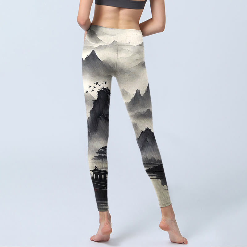 Buddha Stones Splash-Tinte Landschaftsmalerei Print Fitness Leggings Damen Yogahose