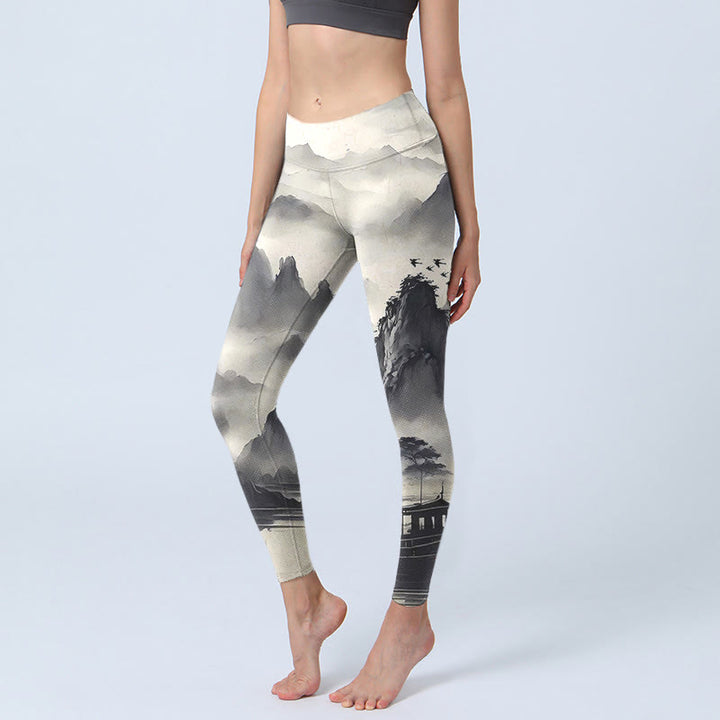 Buddha Stones Splash-Tinte Landschaftsmalerei Print Fitness Leggings Damen Yogahose