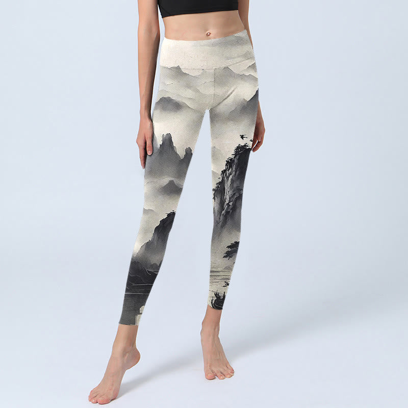 Buddha Stones Splash-Tinte Landschaftsmalerei Print Fitness Leggings Damen Yogahose